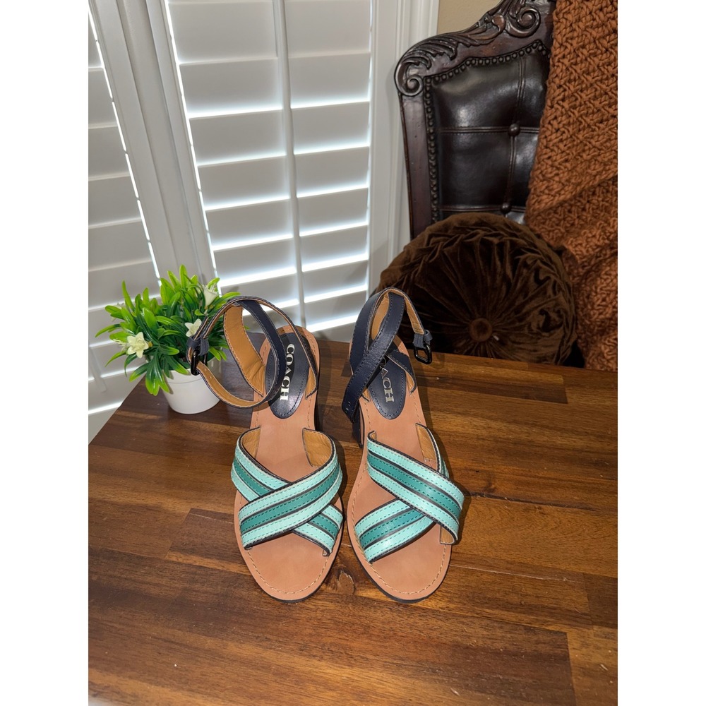 Coach Blue Lennon Teal‎ Multi Strap Block Heel Ankle Strap Leather Womens 7